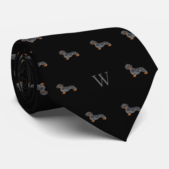 Dackel Wurst Dog Mit Monogramm Initials Schwarz Krawatte (Gerollt)