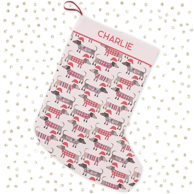 Dackel Wurst Hunde Weihnachtshäuser Personalisiert Kleiner Weihnachtsstrumpf (Fun dachshund wiener sausage dogs in Santa Hats pattern personalized Christmas stocking)