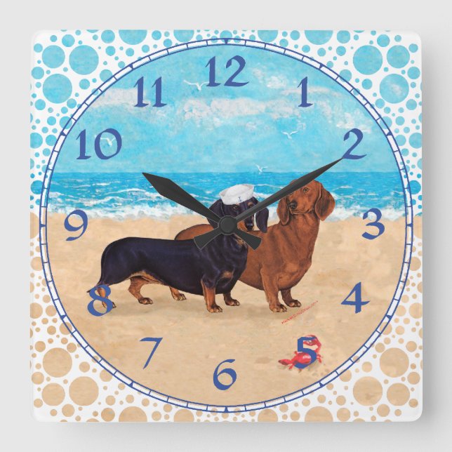Dackeln am Strand Quadratische Wanduhr (Vorderseite)