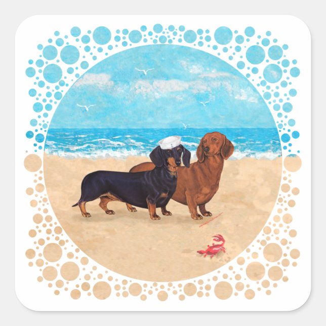 Dackeln am Strand Quadratischer Aufkleber (Vorderseite)