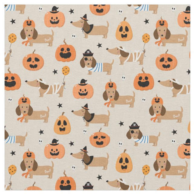 Dackeln im Halloween-Kostümmuster Stoff (Nahaufnahme)