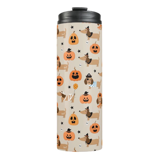 Dackeln im Halloween-Kostümmuster Thermosbecher (Vorderseite)
