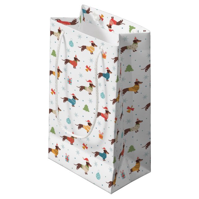 Dackeln im Weihnachtssüßmuster Kleine Geschenktüte (Vorderseite Schrägansicht)