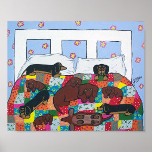 Dackeln in der Bett-Plakat-Kunst Poster
