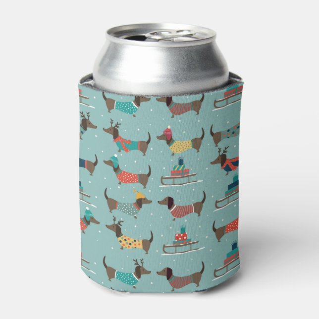 Dackeln mit Geschenken und Schlitten Muster Dosenkühler (Kanne Vorderseite)