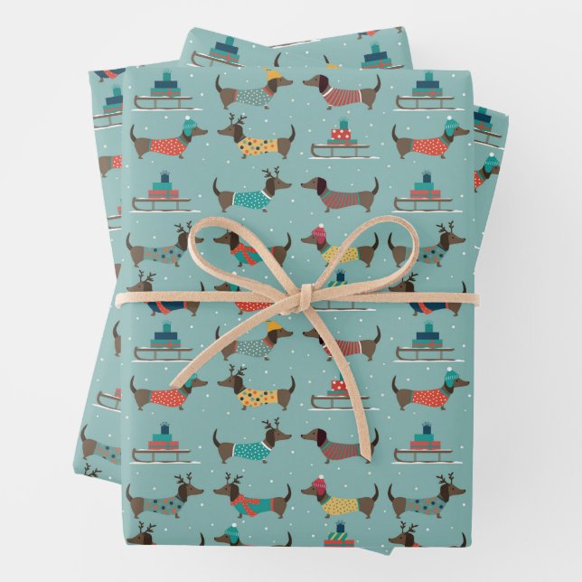 Dackeln mit Geschenken und Schlitten Muster Geschenkpapier Set (Beispiel)