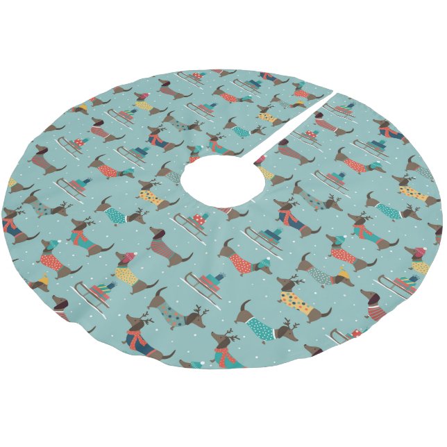 Dackeln mit Geschenken und Schlitten Muster Polyester Weihnachtsbaumdecke (Schrägansicht)