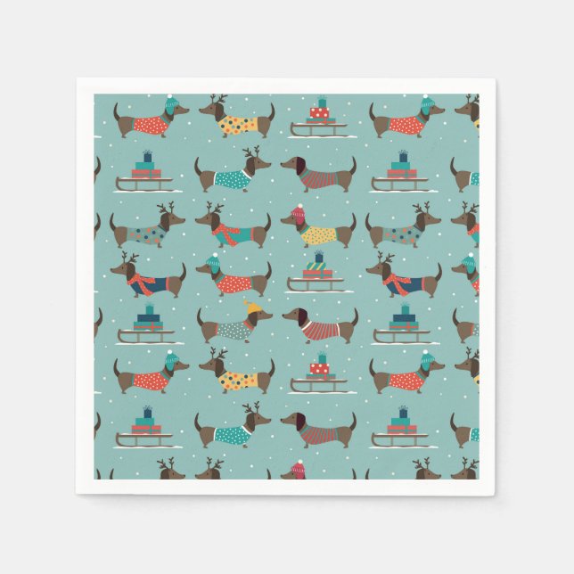 Dackeln mit Geschenken und Schlitten Muster Serviette (Vorderseite)