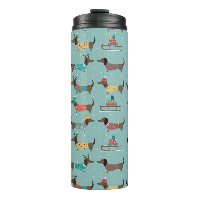 Dackeln mit Geschenken und Schlitten Muster Thermosbecher (Vorderseite)