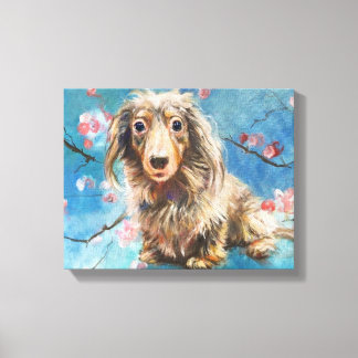 Dacshund in Kirschblüten Leinwanddruck