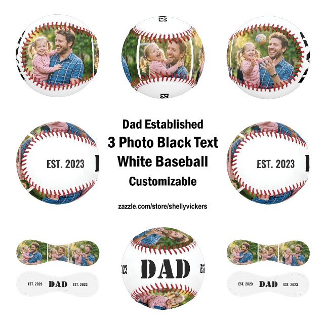 Dad Established 3 Foto Schwarzer Text Weiß Baseball (Dad Established 3 photo Bold Black Text on a White  Baseball  Customize the text, year and photos)