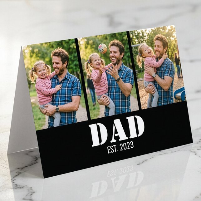 Dad Established 3-Photo Bold White & Black Modern Karte (Dad Established 3-Photo Bold White & Black Modern Greeting Card)