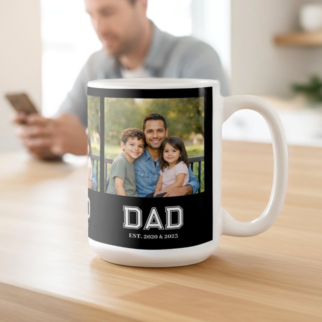 Dad Established Black Photo Modern Typography Gift Kaffeetasse (Dad Established design with custom photo and sports-style text - the perfect Father's day gift!)