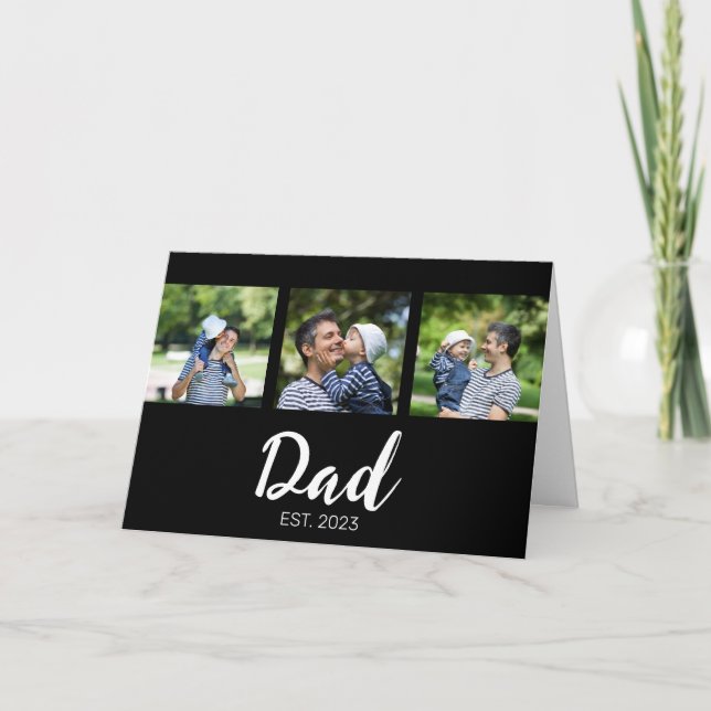 Dad Established Elegant Script Black 3 Photo Karte (Vorderseite)