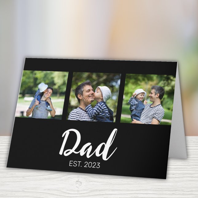 Dad Established Elegant Script Black 3 Photo Karte (Von Creator hochgeladen)