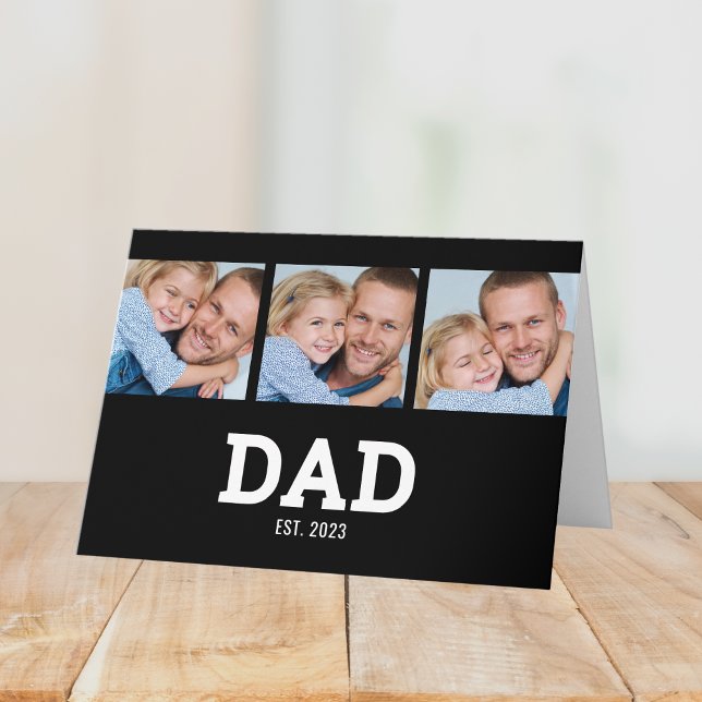 Dad Established Modern Black 3 Photo Father's Day Karte (Von Creator hochgeladen)