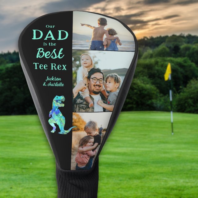 Dad is the Best Tee Rex 3 Photo Funny  Golf Headcover (Our dad is the best tee Rex 3 photo collage funny dinosaur golfing joke golf head cover father gift)