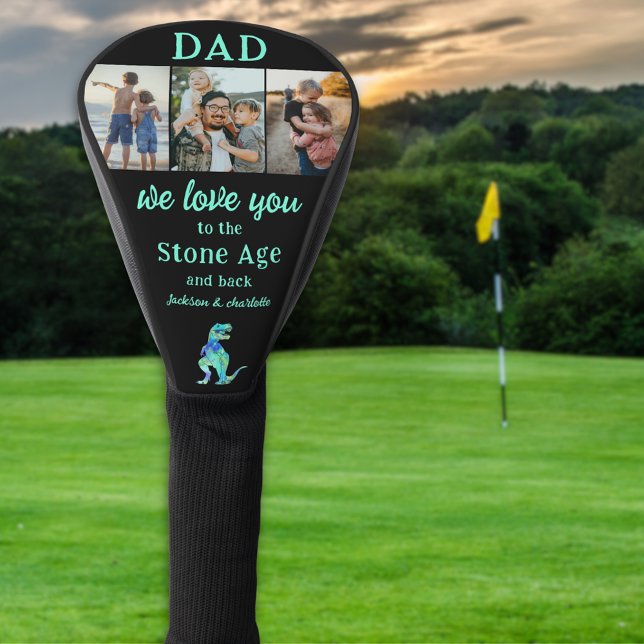 Dad We Love You 3 Photo Collage Golf Headcover (Dad we love you to the Stone Age and back personalized kids 3 photo collage funny dinosaur golfing)