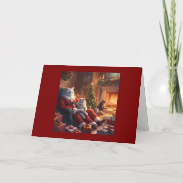 Daddy Cat as Santa with kittens on Christmas Karte (Vorderseite)