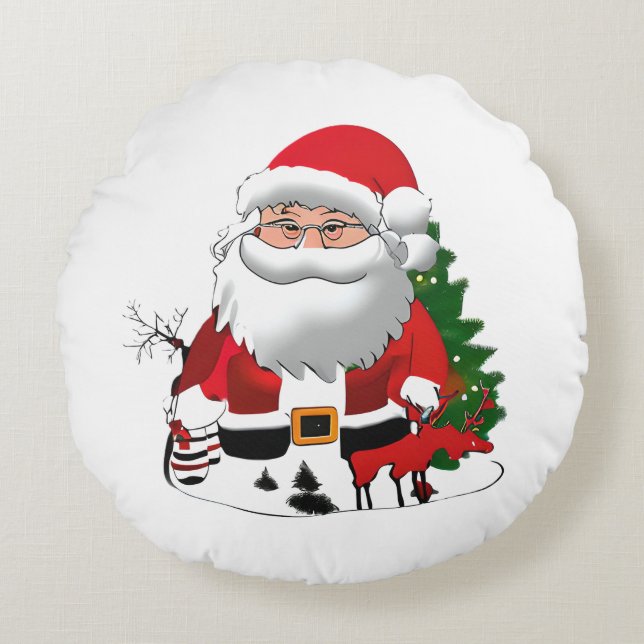 Daddy Claus mit einem Rentier Rundes Kissen (Vorderseite)
