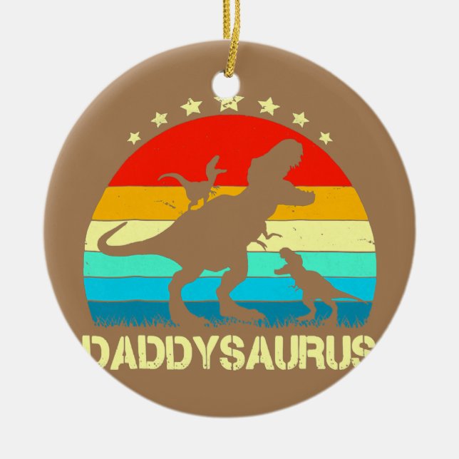 Daddy Dinosaur Daddysaurus 2 Zwei Kinder Vater's Keramik Ornament (Vorne)