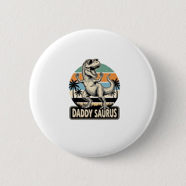 Daddy Saurus Retro-Dinosaur-Sonnenuntergangs-Shirt Button (Vorderseite)