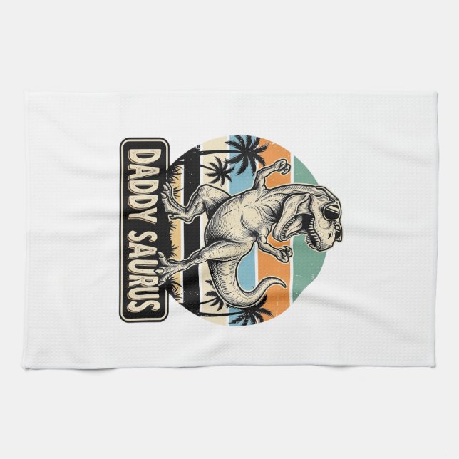 Daddy Saurus Retro-Dinosaur-Sonnenuntergangs-Shirt Geschirrtuch (Horizontal)