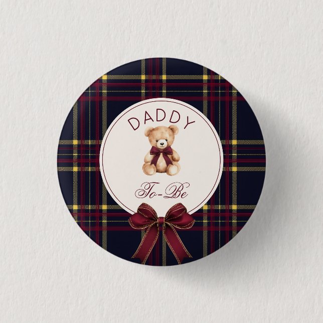 Daddy To be Wine Red Kariert Teddy Bar Button (Vorderseite)