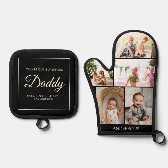 Daddy You are our Superhero 5 Foto Collage Ofenhandschuh & Topflappen-Set (Vorderseite)