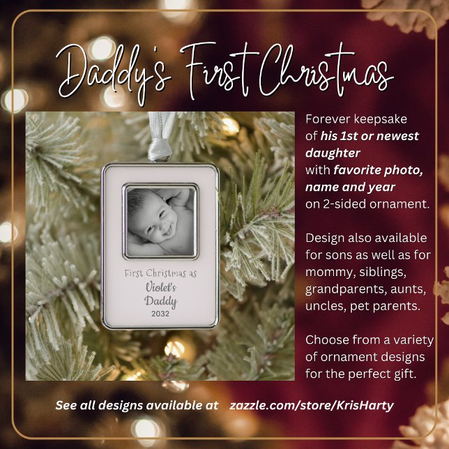 Daddy's 1. Weihnachts Personalisiert Name Year Fot Rahmen-Ornament Silber (First Christmas as Daddy to 1st or newest daughter. Gift him this forever keepsake.)
