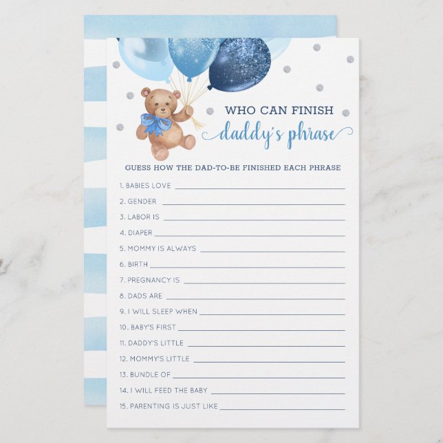 Daddy's Phrase Game Baby Shower Teddy Bär (Vorne/Hinten)