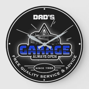 Dad's Garage or Any Name Always Open Modern Cars Große Wanduhr