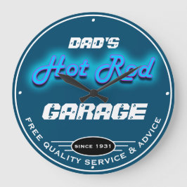 Dad's or Any Name Garage Blue Faux Neon Look Große Wanduhr
