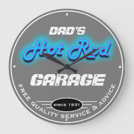 Dad's or Any Name Garage Grey Faux Neon Look Große Wanduhr