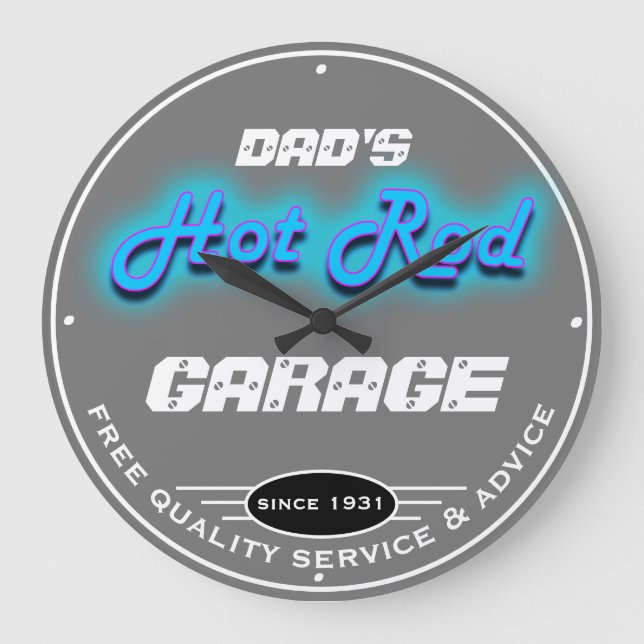Dad's or Any Name Garage Grey Faux Neon Look Große Wanduhr (Vorderseite)