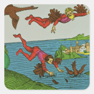 Daedalus und Icarus, 15. Jahrhundert Quadratischer Aufkleber