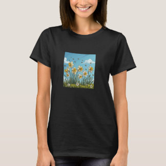 Daffellose Blume, die mit Bienen um die Grafik blü T-Shirt
