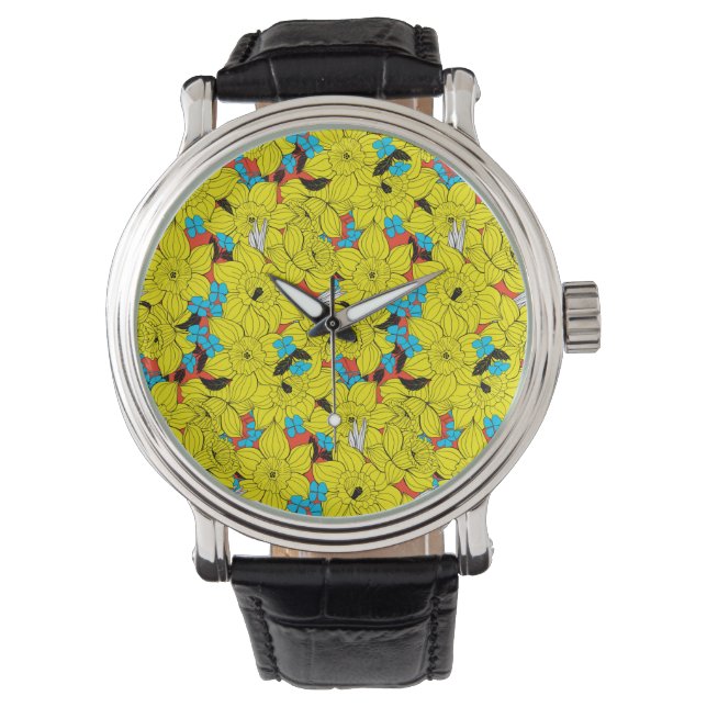 Daffodien Frühlingsblumenmuster Armbanduhr (Vorderseite)