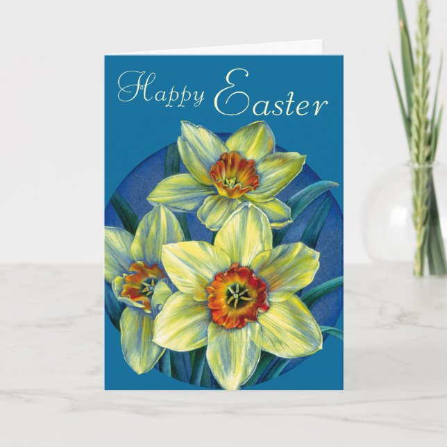 Daffodien "Happy Oaster", gelbe und blaue Karte (Vorderseite)