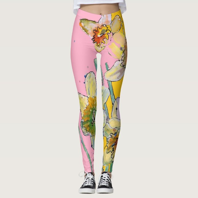 Daffodil Aquarelle Fleur Pink Leggings floraux (Devant)
