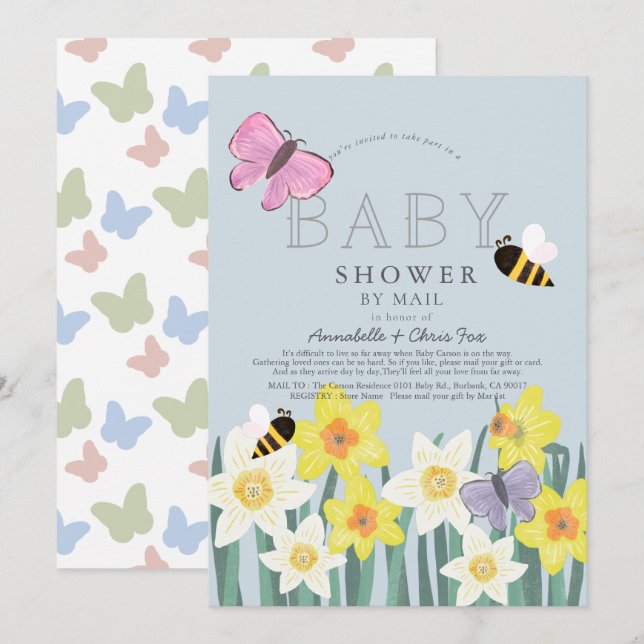 Daffodil Butterfly Bee Floral Baby Shooter by Mail Einladung (Vorne/Hinten)