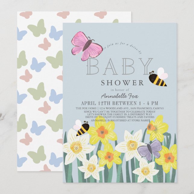 Daffodil Butterfly Bee Floral Drive by Baby Shower Einladung (Vorne/Hinten)