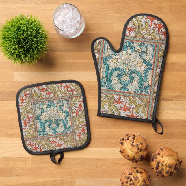 Daffodil chintz art nouveau Blume Wallpaper Ofenhandschuh & Topflappen-Set (Oben Unten)