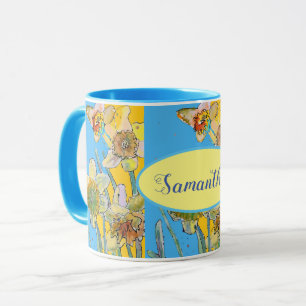 Daffodil-Malerei Wasserfarbe Gelb Blauer Blütenbo Tasse