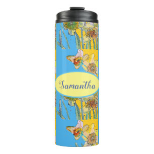 Daffodil-Malerei Wasserfarbe Gelb Blauer Blütenbo Thermosbecher