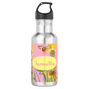 Daffodil-Malerei Wasserfarbe Gelb Rosa Blütenfarbe Edelstahlflasche