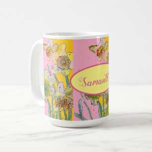 Daffodil-Malerei Wasserfarbe Gelb Rosa Blütenfarbe Kaffeetasse
