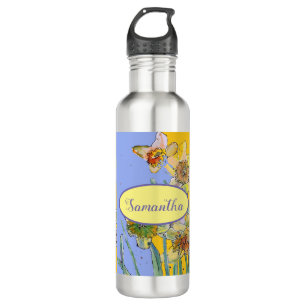 Daffodil-Malerei Wasserfarben Gelb Lila Blüte Edelstahlflasche