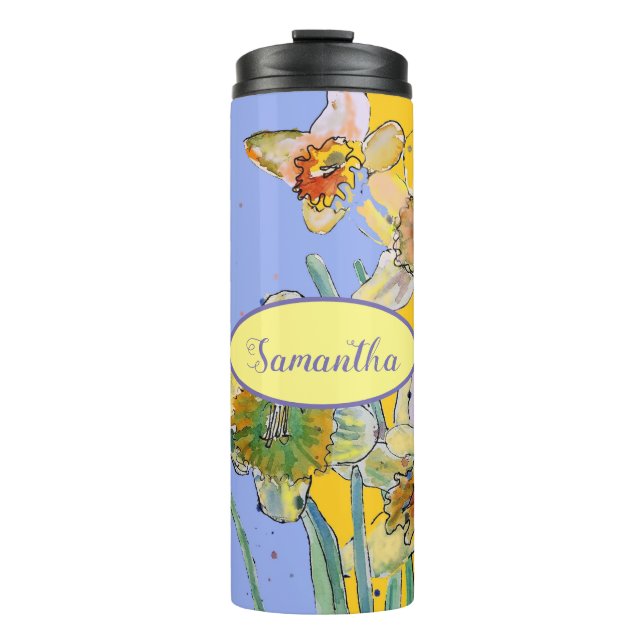 Daffodil-Malerei Wasserfarben Gelb Lila Blüte Thermosbecher (Vorderseite)