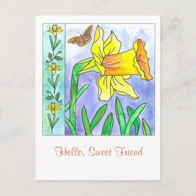 Daffodil Watercolor Blume Hello Sweet Friend Postkarte (Vorderseite)